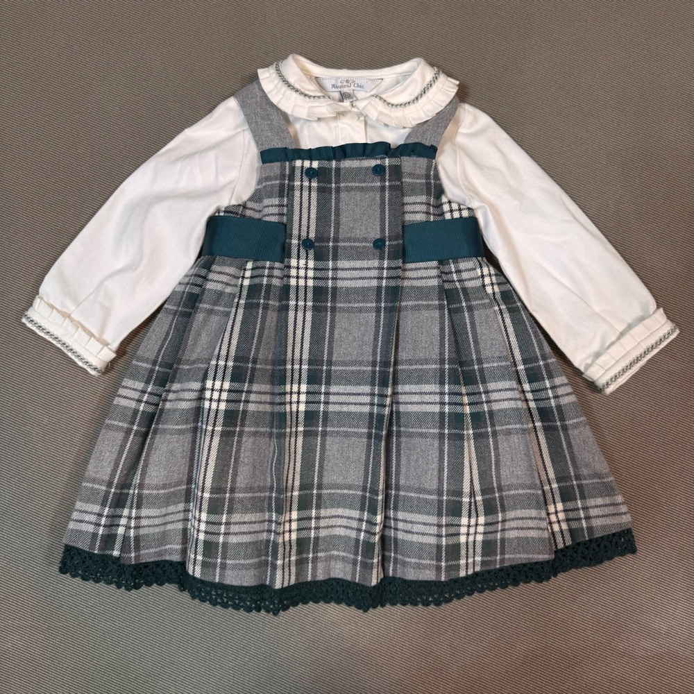 Mayoral Chic Baby Girl Pinafore Plaid Pleated Dress Top Set 9 Months